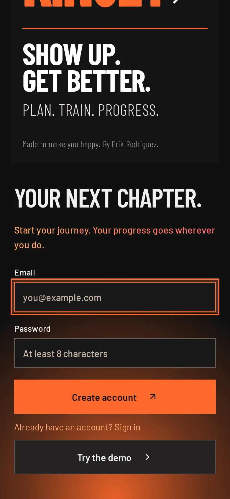 Create account form with an orange glow rising from the bottom of the screen