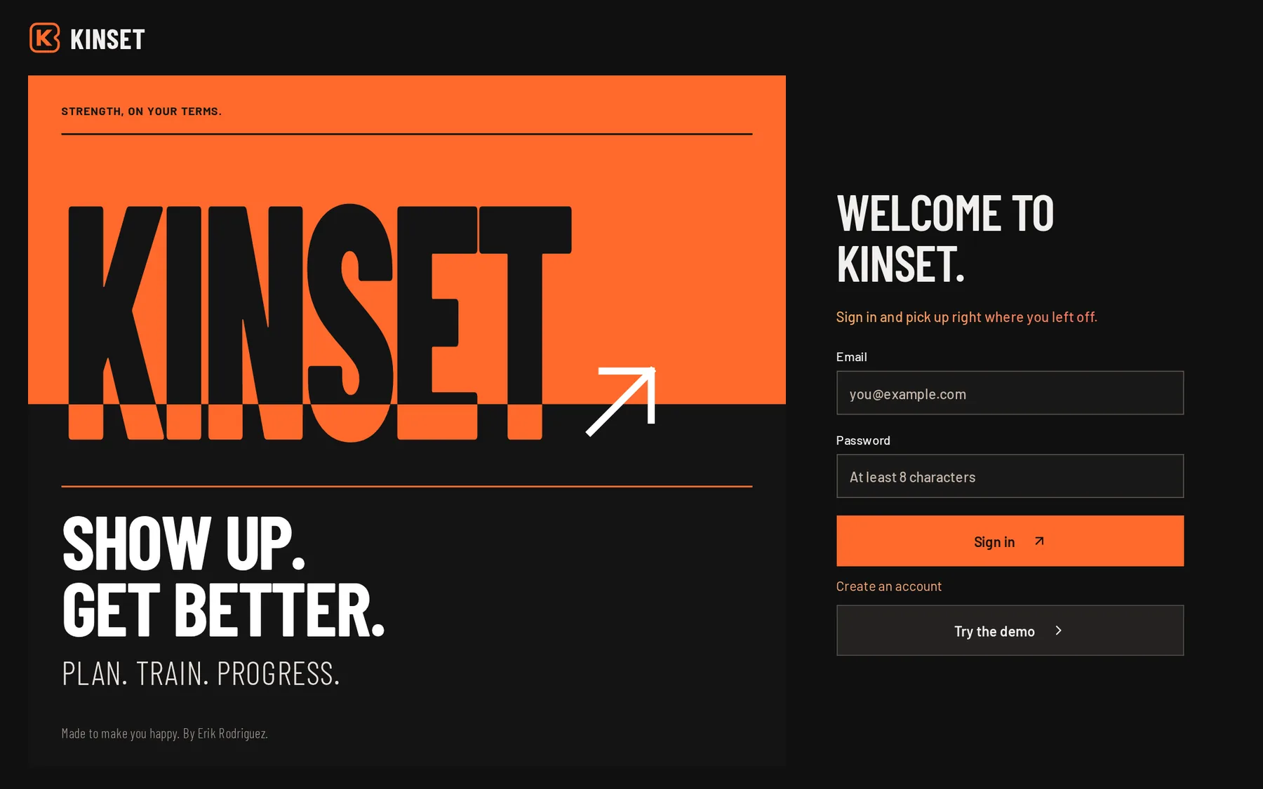 Kinset welcome screen on desktop, with the poster on the left and sign-in on the right