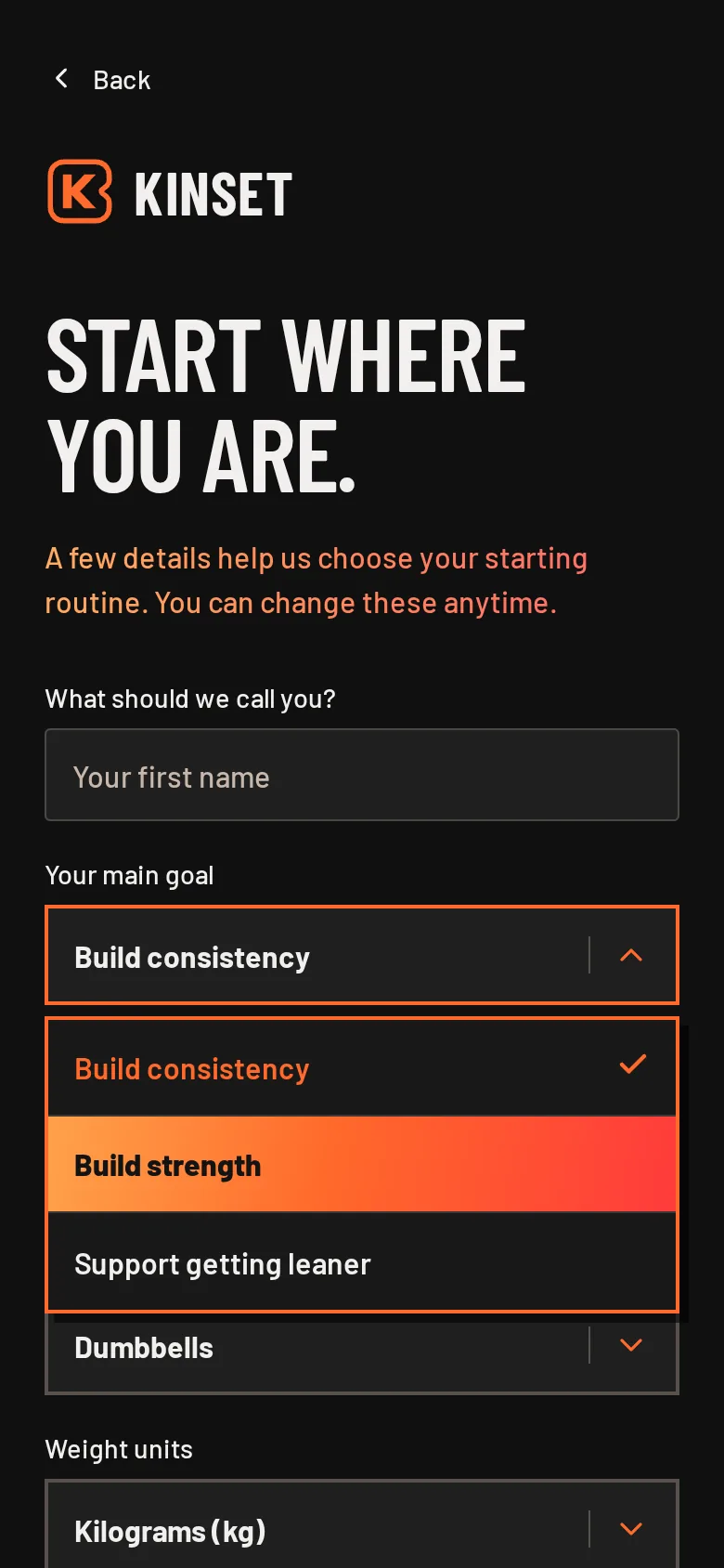 Onboarding with the goal dropdown open and Build strength highlighted