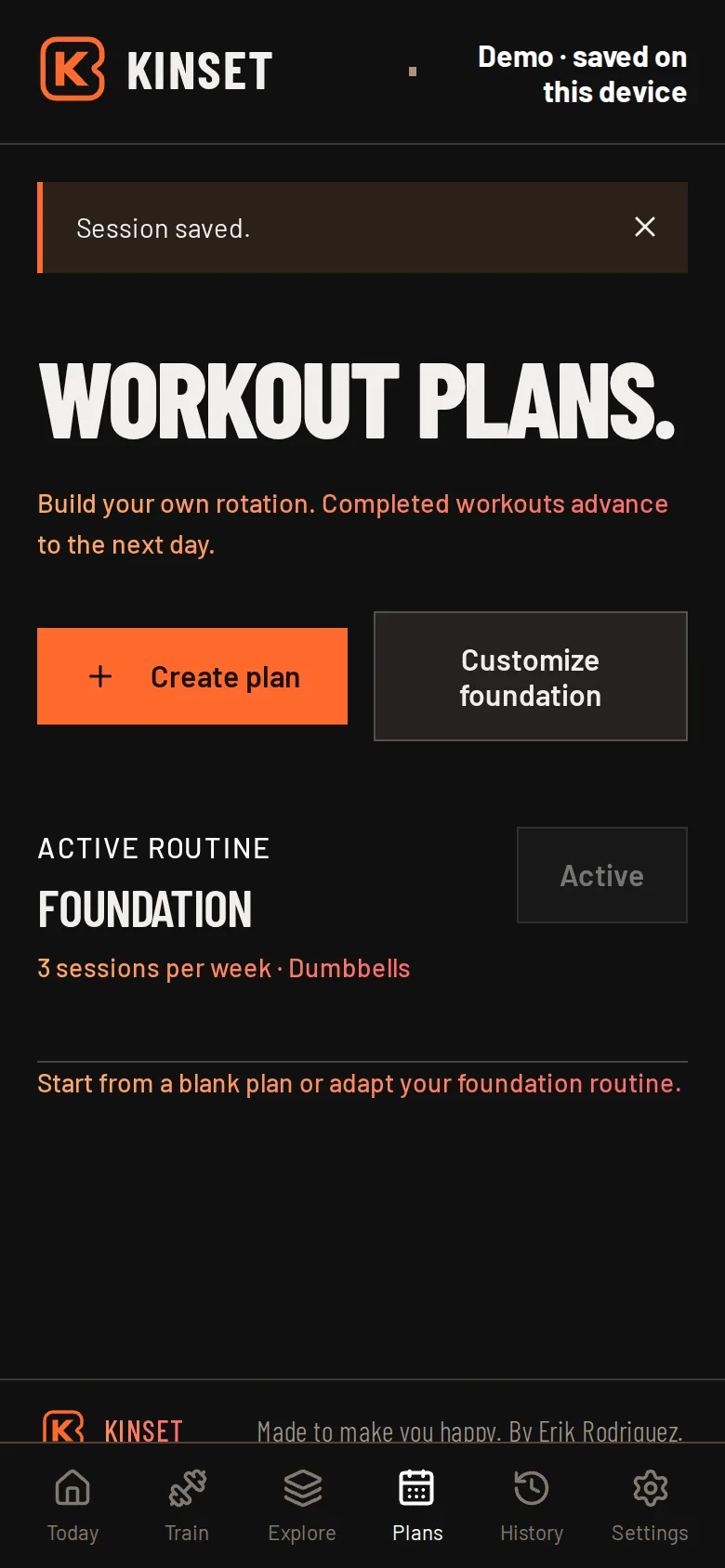 Workout plans screen with the active foundation routine