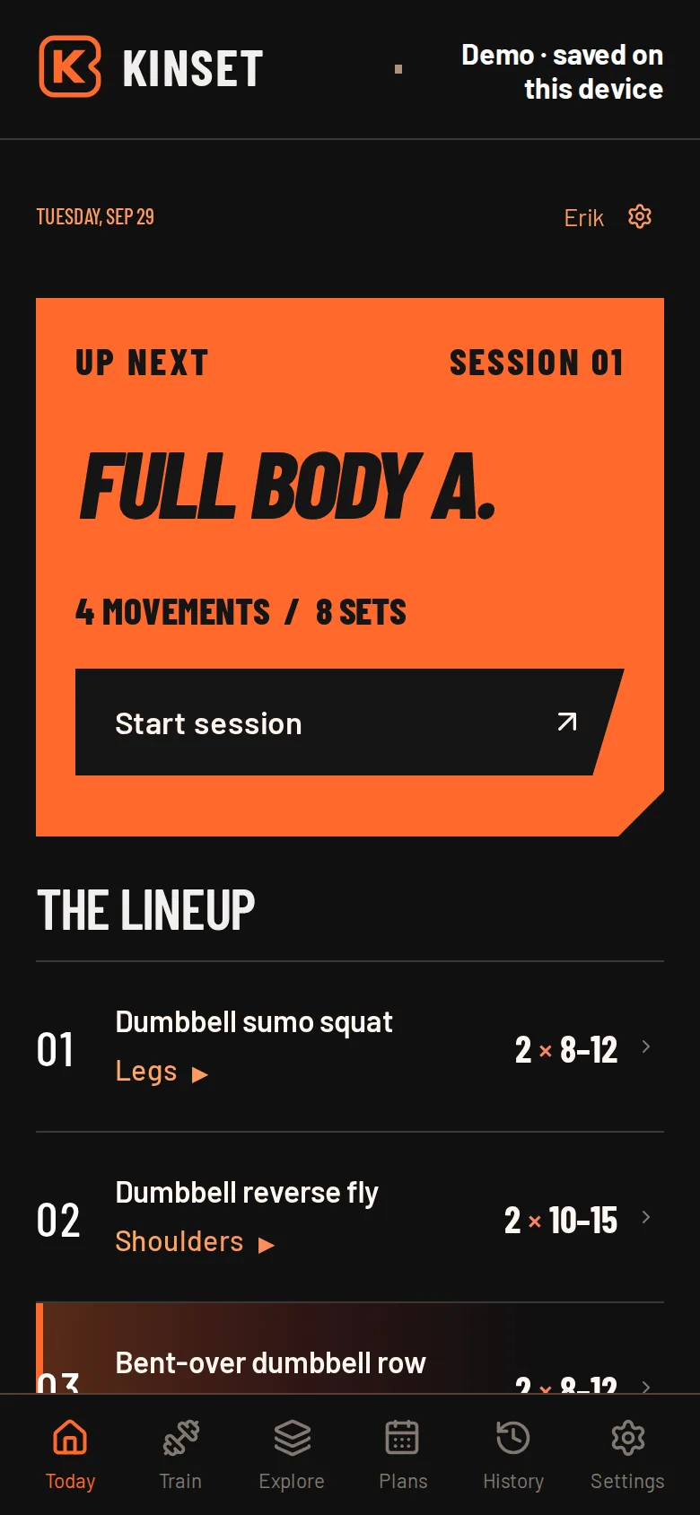 Today screen with the next session, Full Body A, and the lineup of four movements