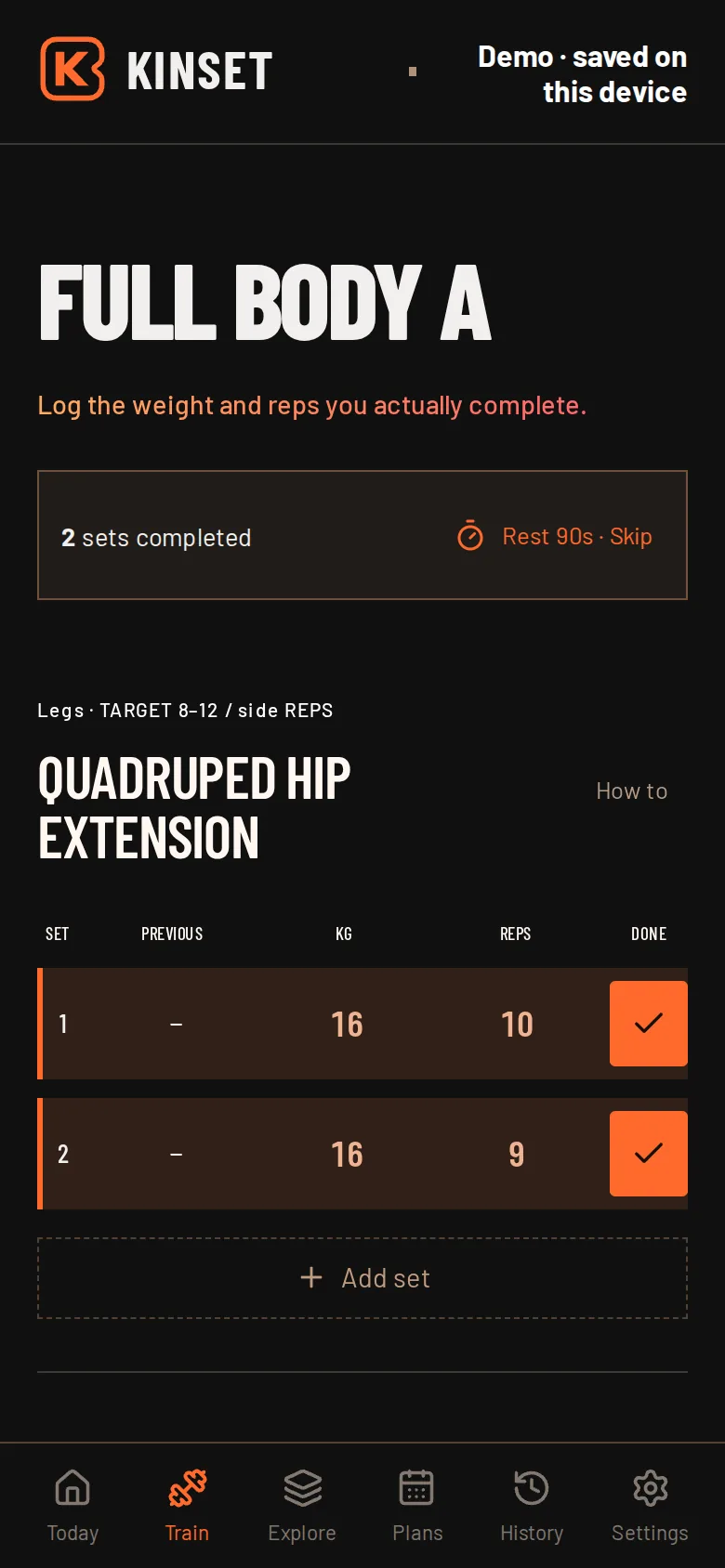 Logging screen with two completed sets of a quadruped hip extension
