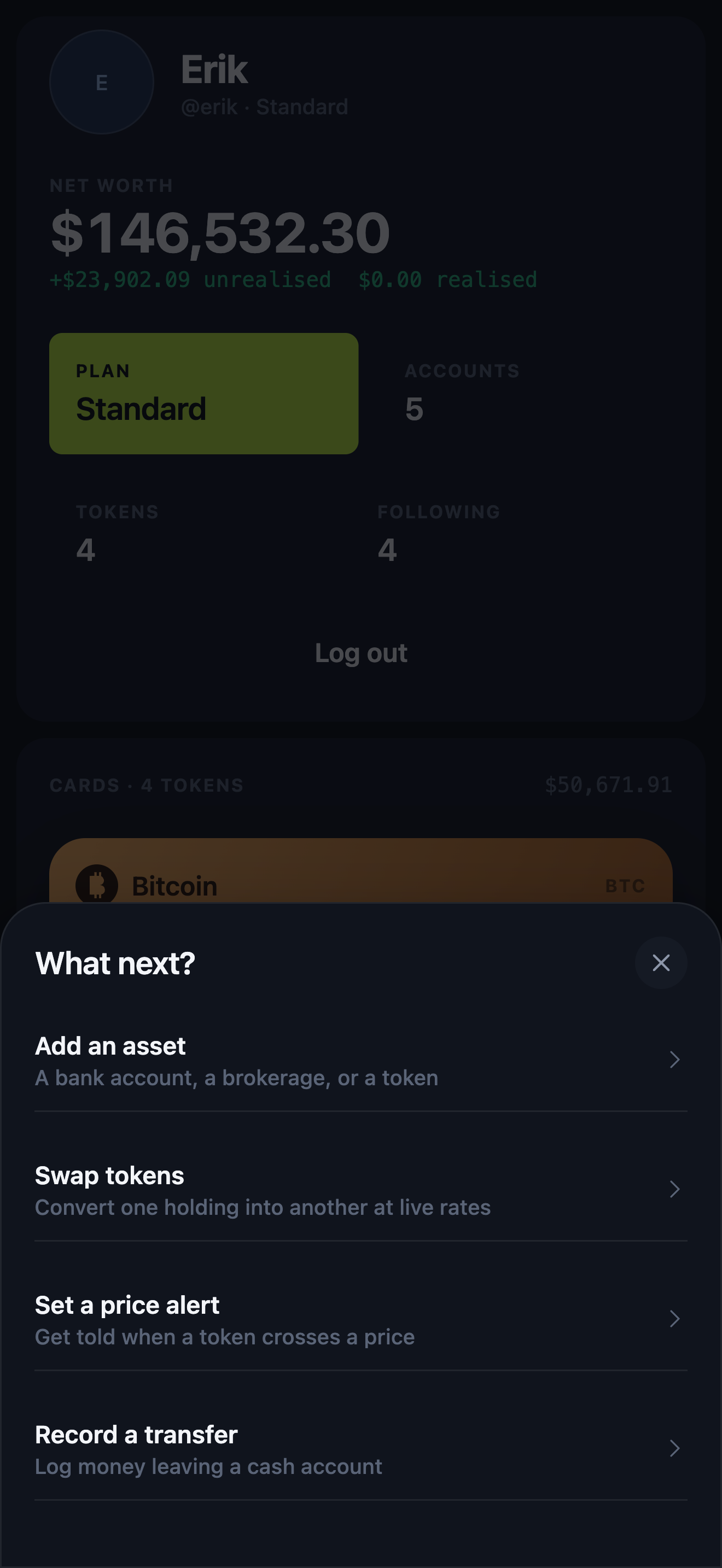 Vesper mobile action sheet offering add asset, swap, price alert and transfer inside a phone frame