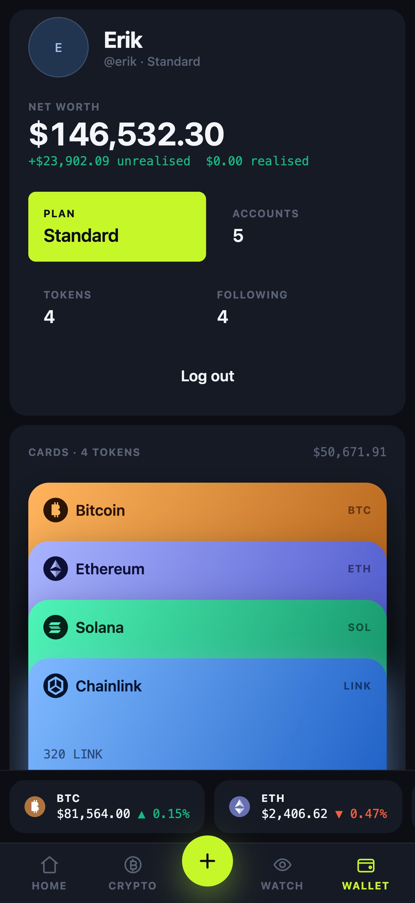 Vesper mobile wallet with profile, portfolio totals and token cards inside a phone frame