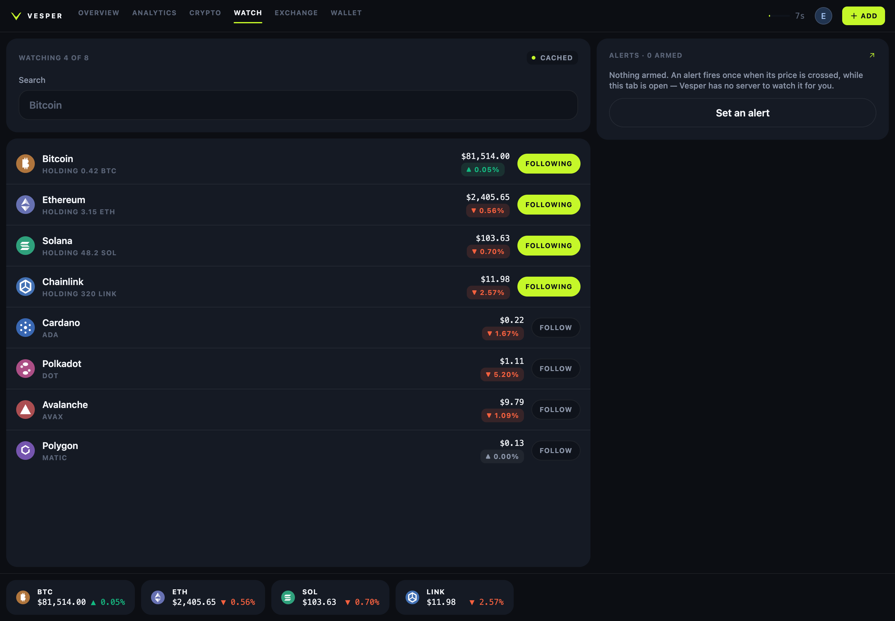 Vesper desktop watchlist with searchable token catalogue and price-alert area