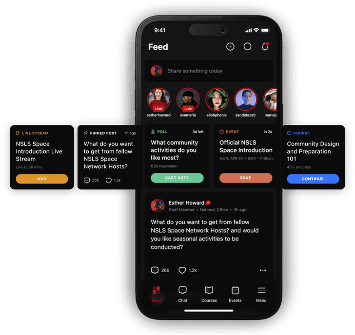 NSLS community feed connecting students to chapter conversations, events, and courses