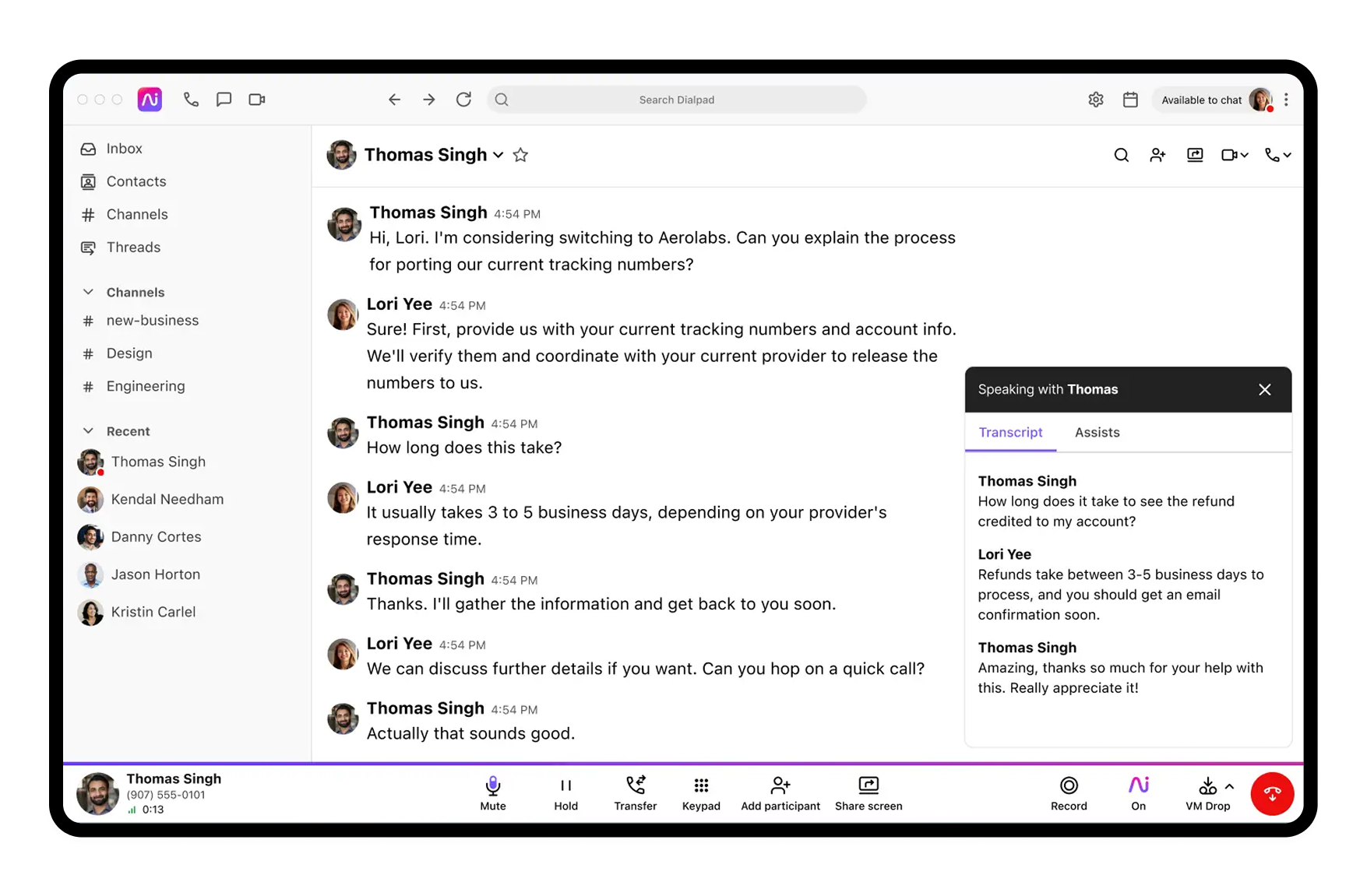 Dialpad conversational AI interface with conversation history and agent controls