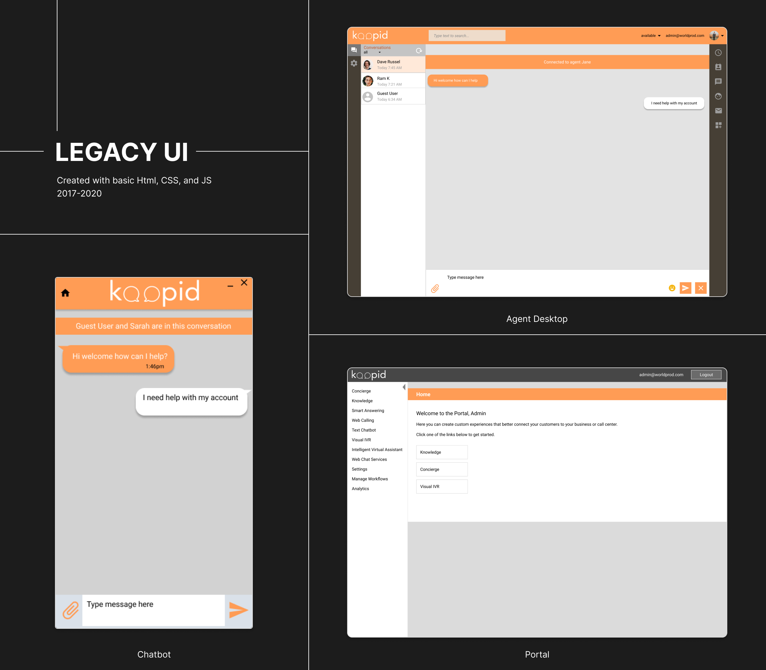 Legacy Koopid chatbot, agent desktop, and administration portal