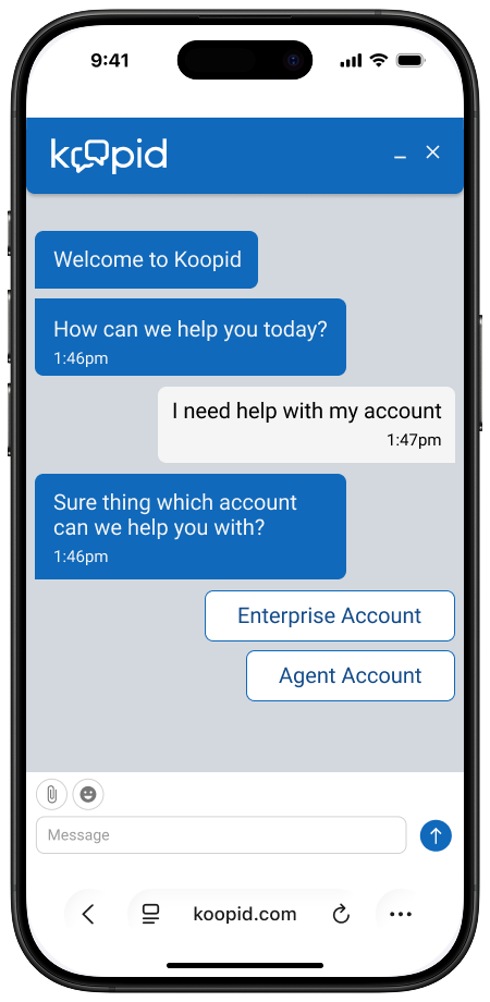 Koopid customer chat on a phone with guided responses and live-agent access