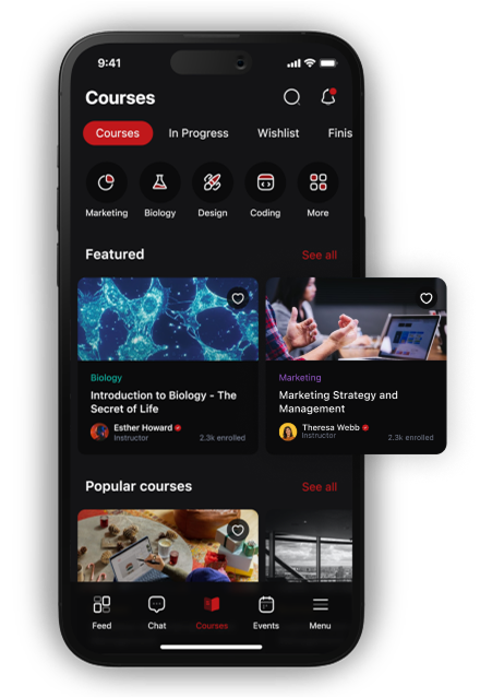 NSLS mobile course screen showing learning categories, featured courses, and bottom navigation