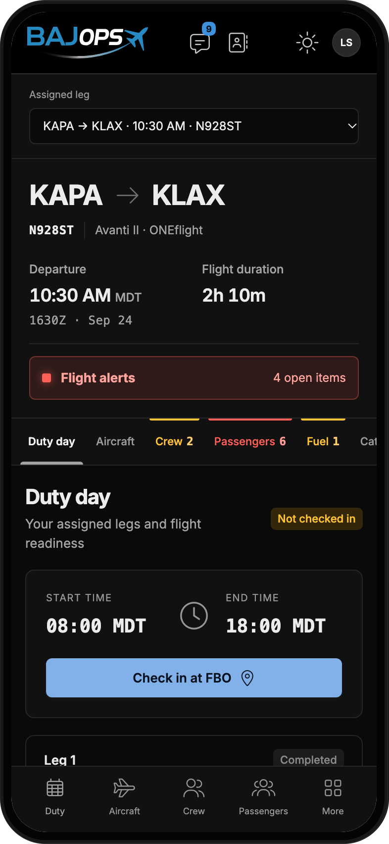 Crew phone view of the same connected flight workflow