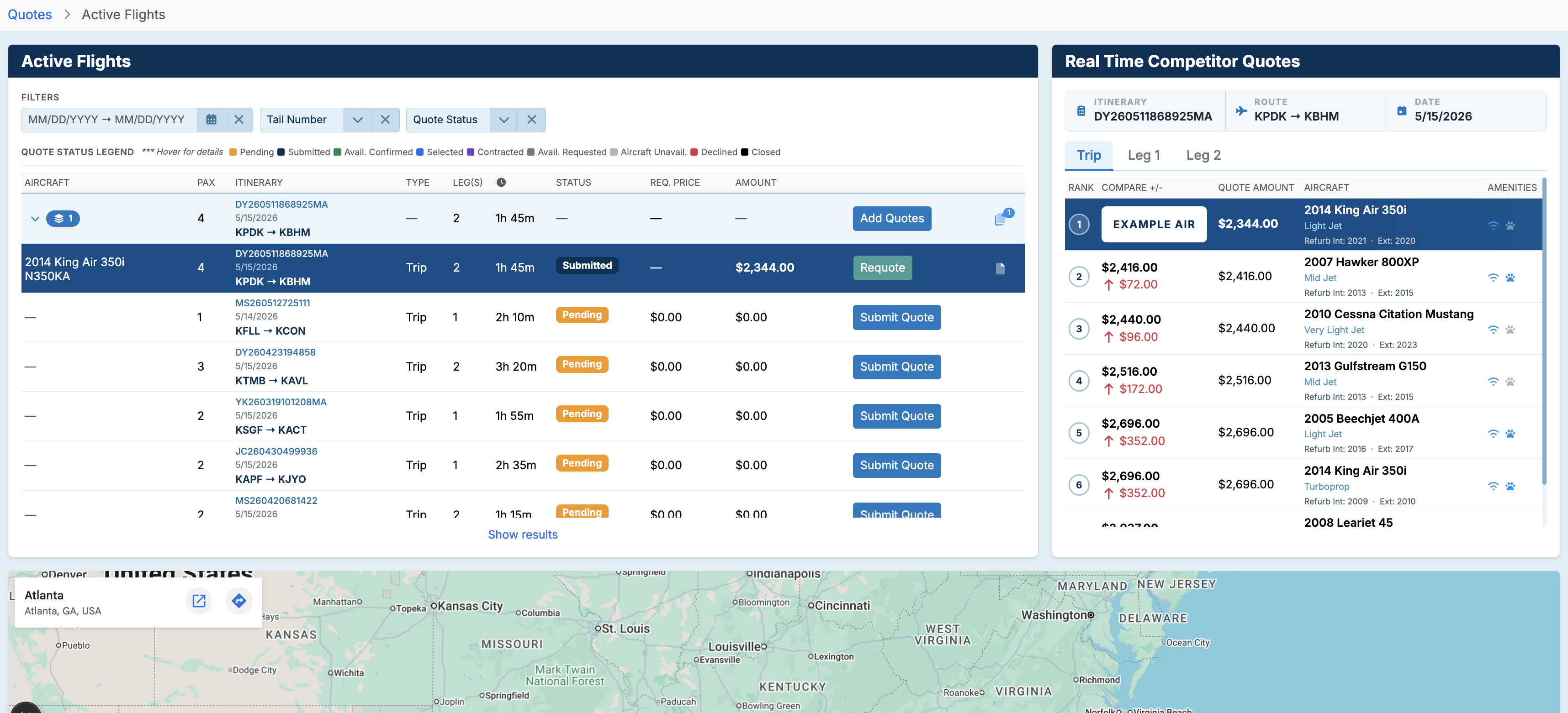 Operator portal showing active flight requests beside ranked real-time competing quotes