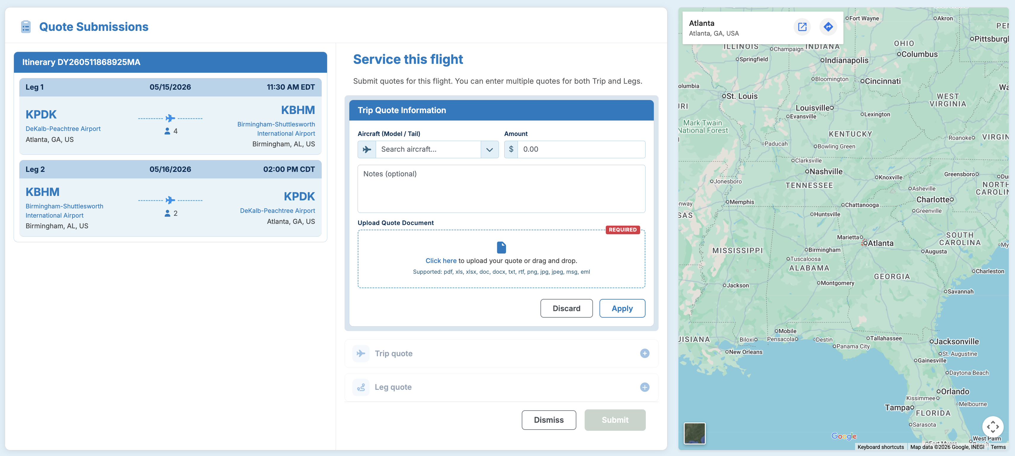Operator portal showing a multi-leg itinerary, expanded trip quote form, and route map