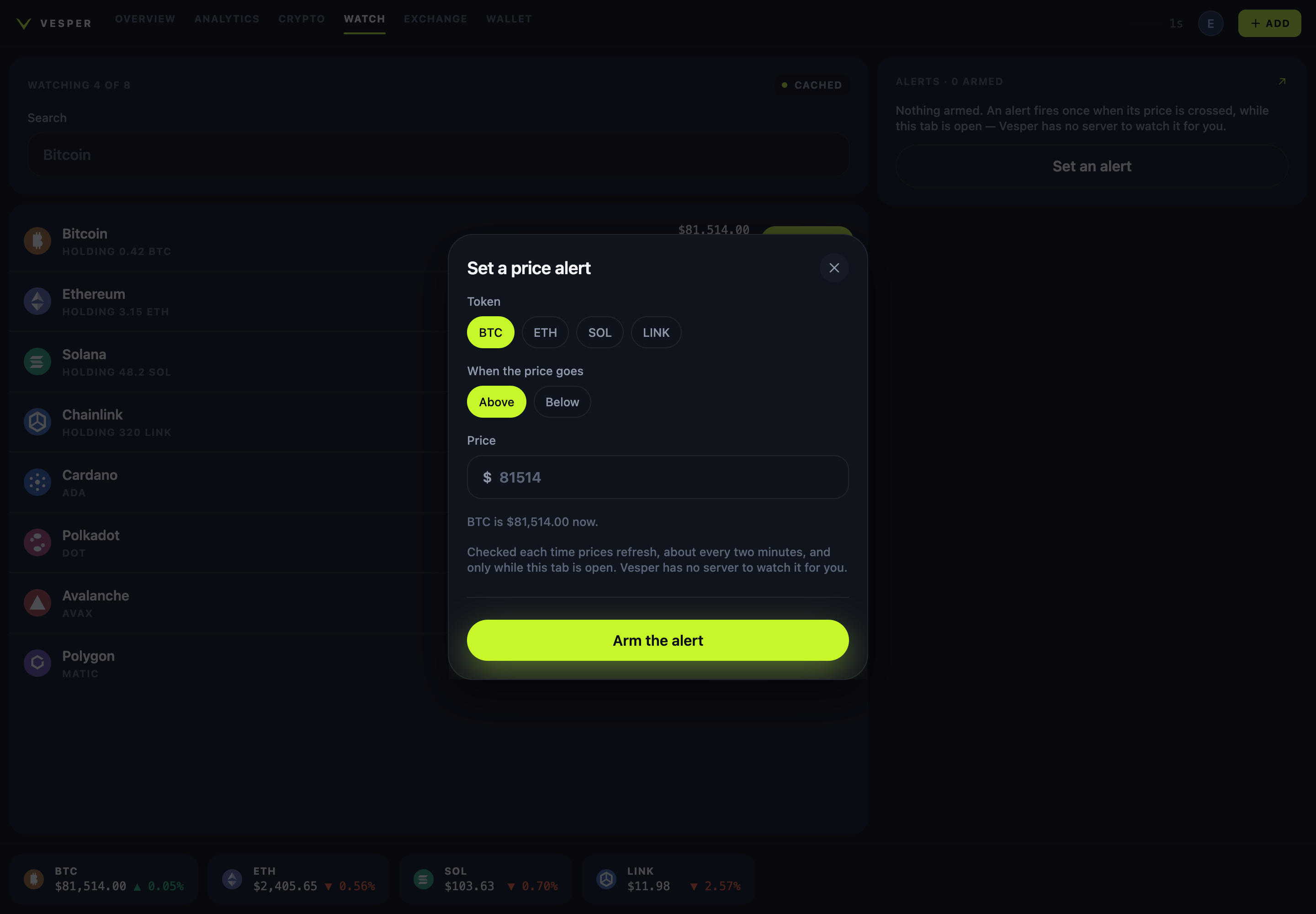 Vesper price-alert sheet with token, direction and price controls and a tab-open disclosure