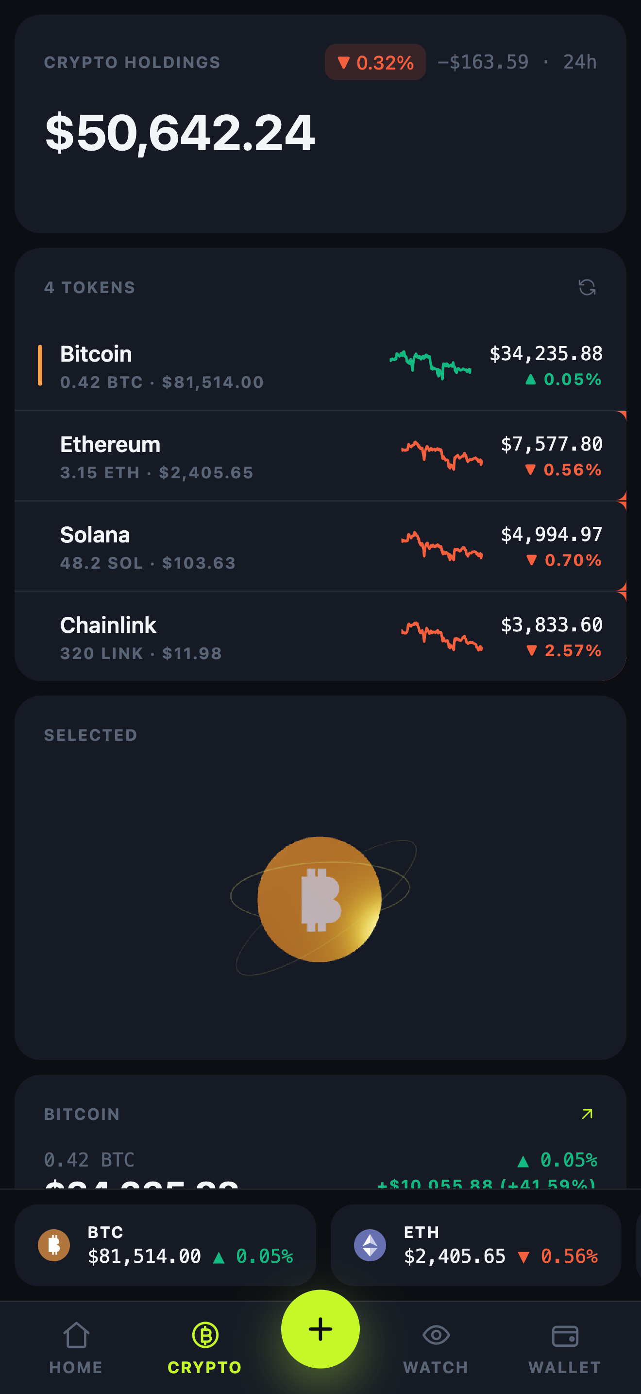 Vesper mobile crypto holdings and selected Bitcoin inside a phone frame
