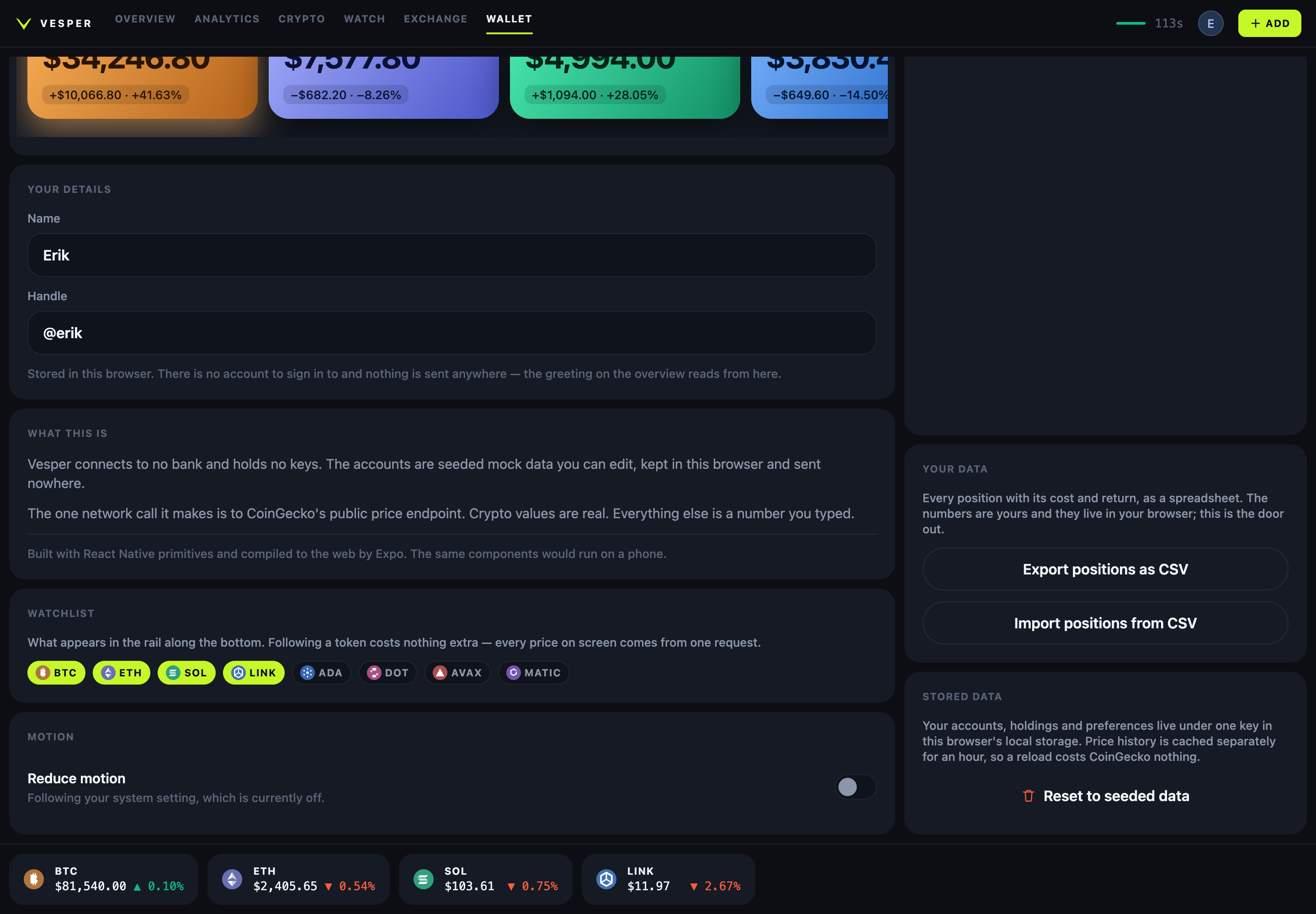 Vesper wallet disclosures, reduced-motion preference, CSV import and export, and local data controls