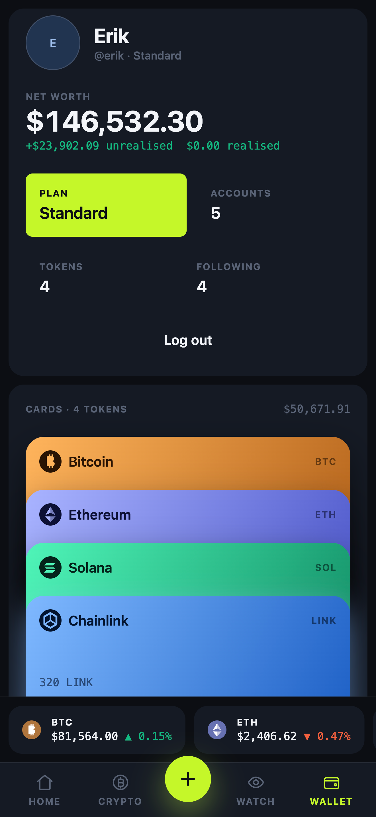 Vesper mobile wallet with profile, portfolio totals and token cards inside a phone frame